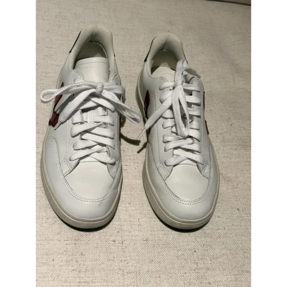Veja V-12 Leather Sneakers White Red V Navy Heel Tab Size 39 - Picture 5 of 7